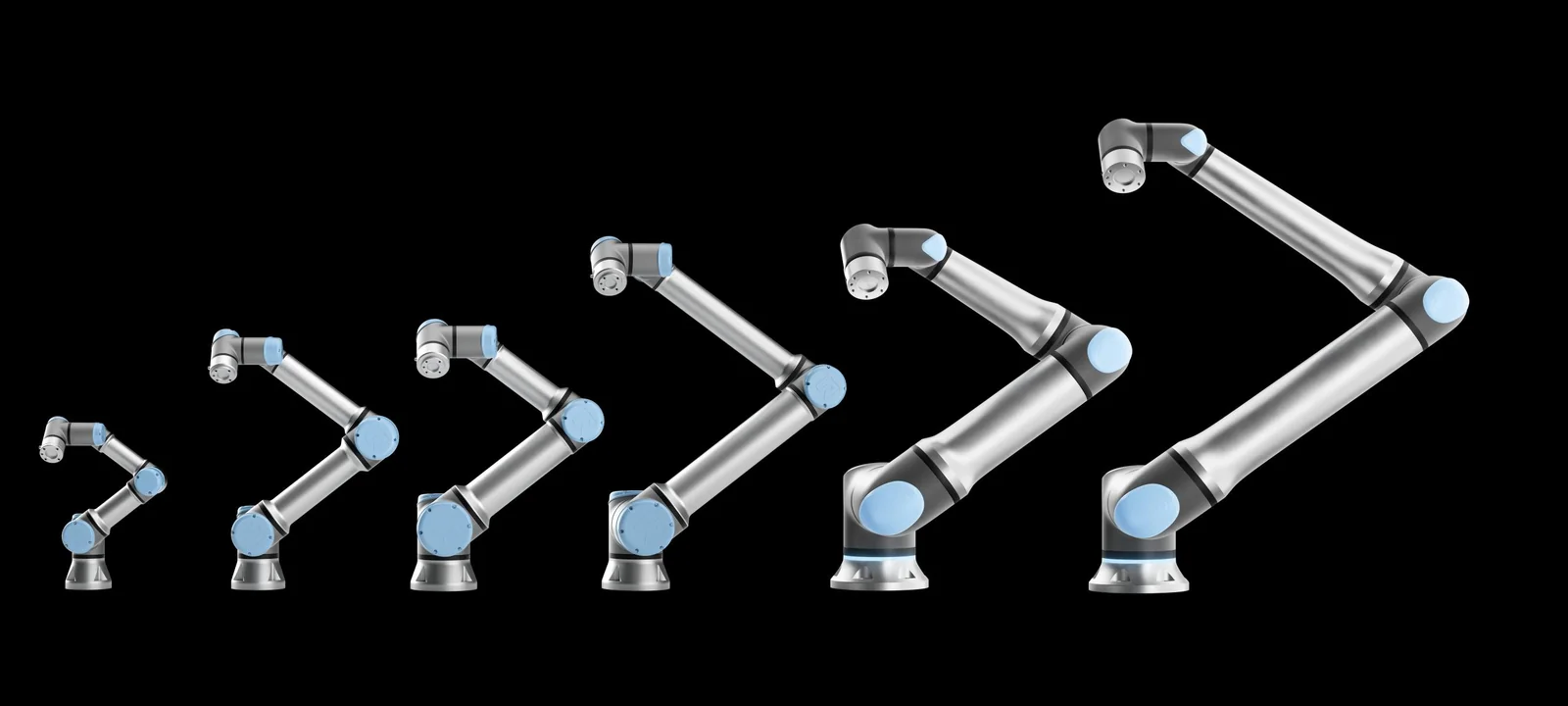 Seis robôs colaborativos da Universal Robots lado a lado, do menor ao maior