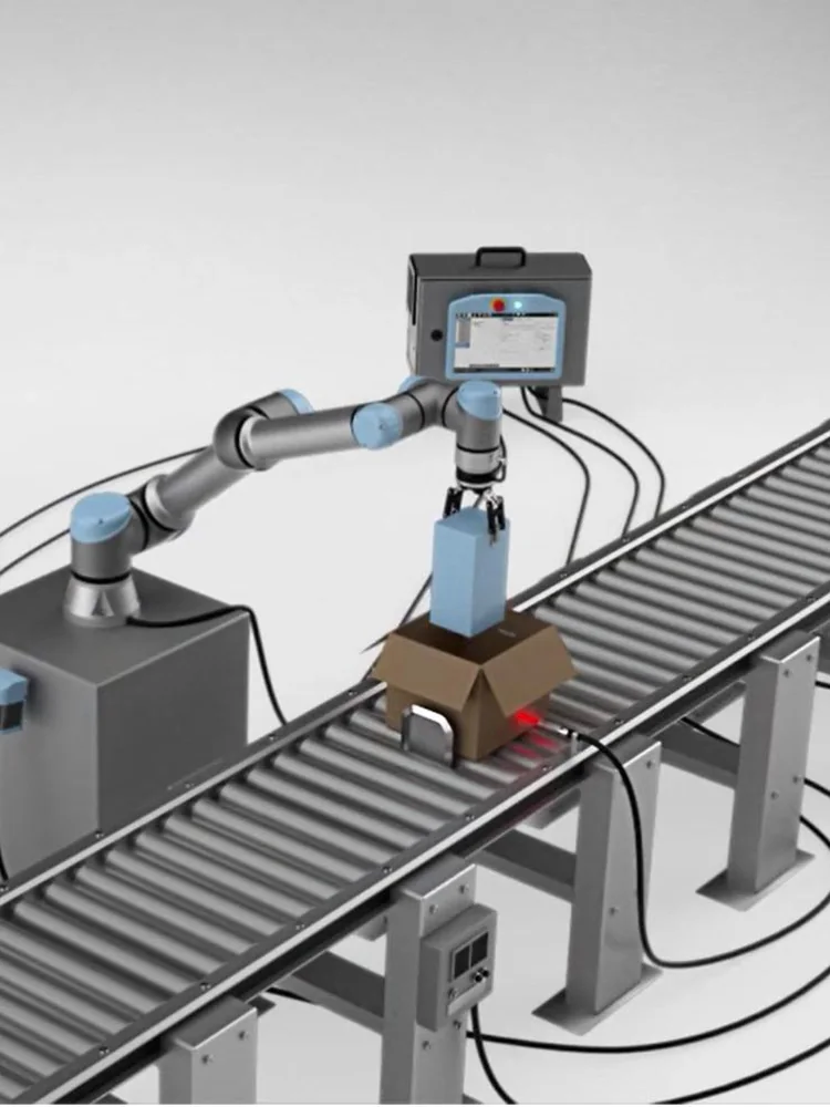 Ilustração de um robô colaborativo da Universal Robots tirando uma caixa de uma esteira