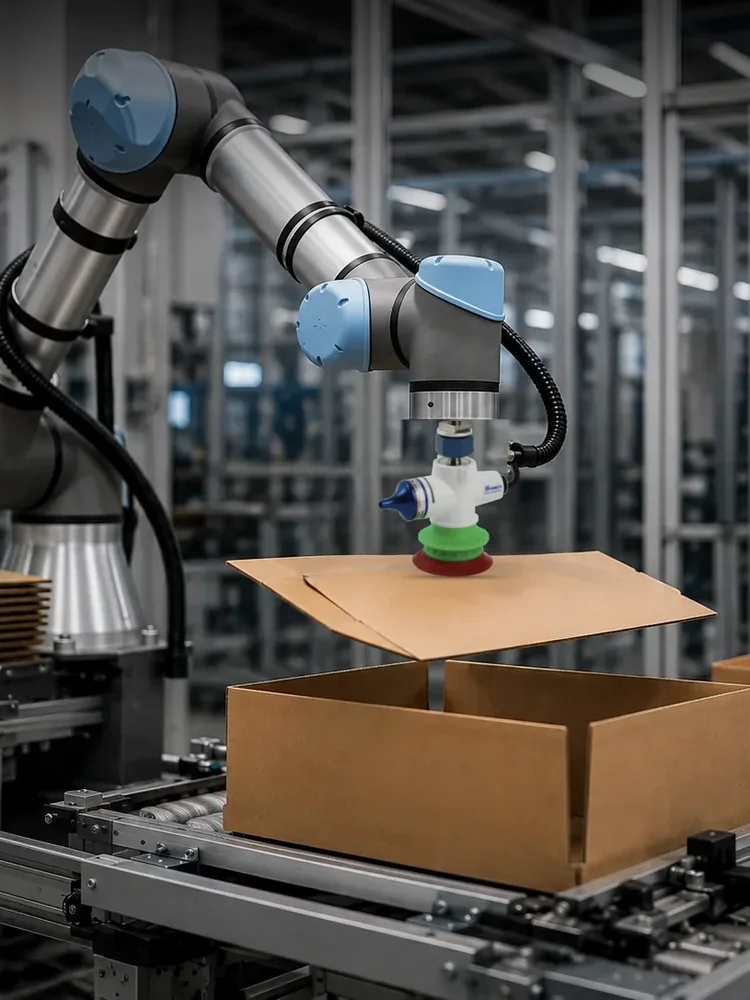 Robô colaborativo com uma garra Magic Gripper VMECA pegando a aba de uma caixa de papelão numa linha de embalagem